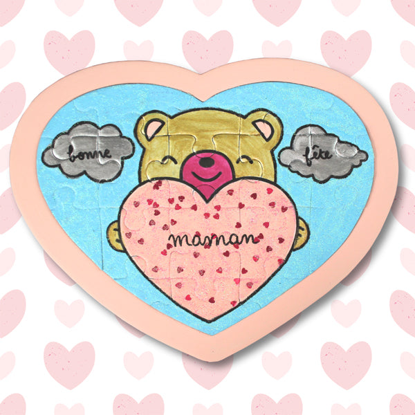 1 puzzle coeur en carton à décorer + 1 pochon pour offrir