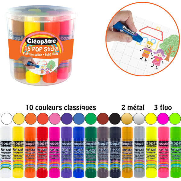 15 POP STICKS peinture solide hypoallergénique 15 couleurs x 5g