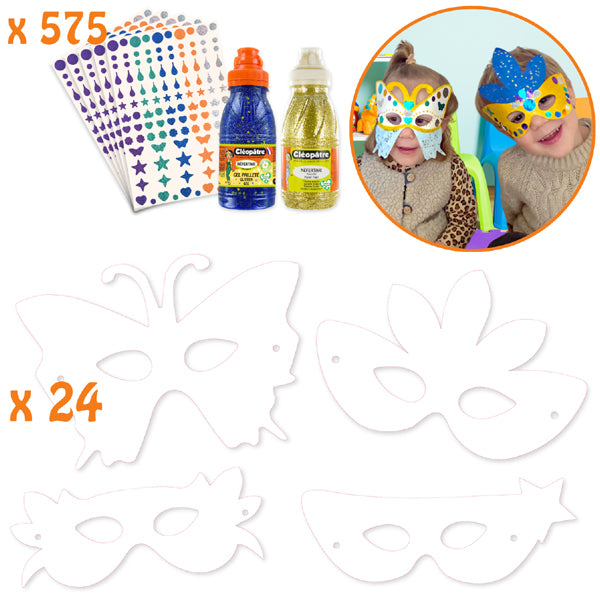 Lot créatif Carnaval de 24 masques + 575 gommettes holographiques + 1 flacon Gel Pailleté + 1 flacon Peinture Pailletée
