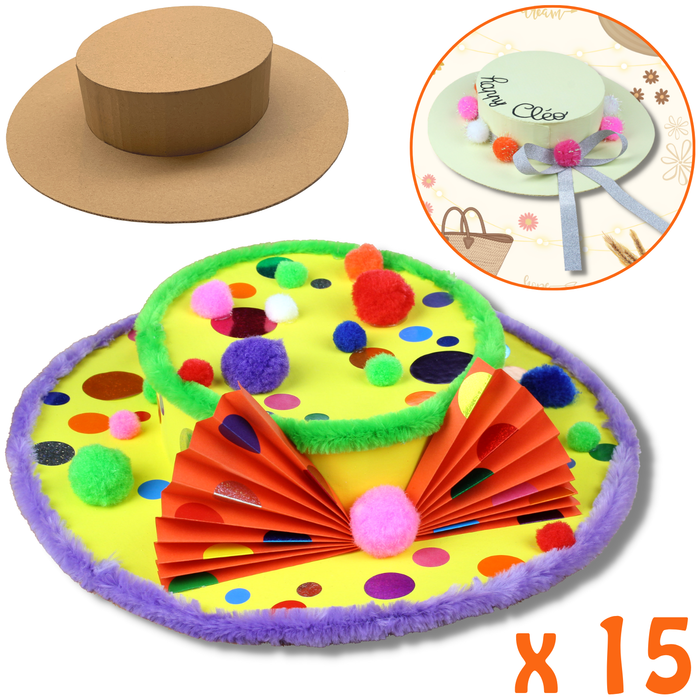 15 chapeaux canotiers en carton à décorer 17 x 9 cm