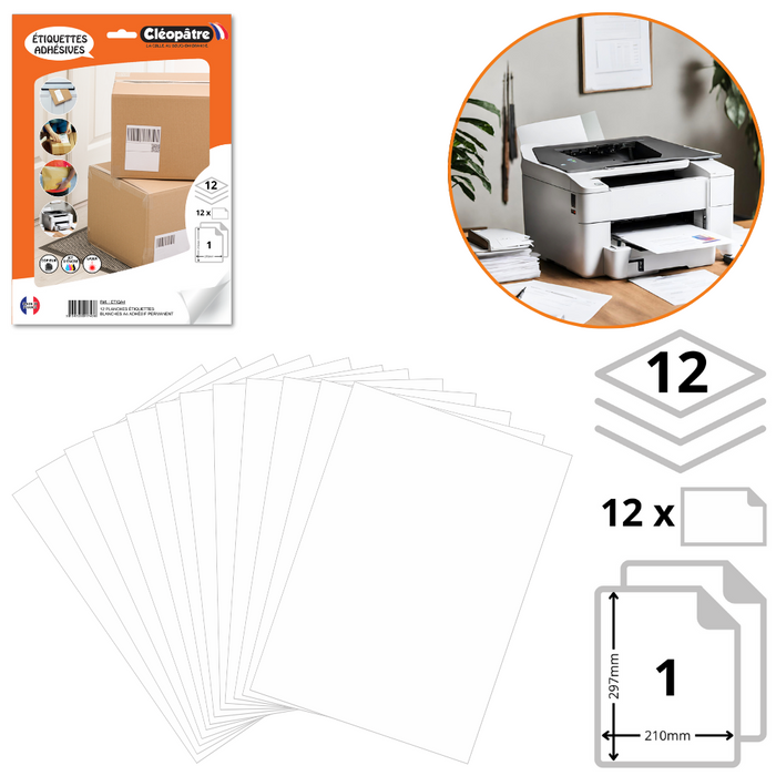 12 planches étiquettes blanches adhésif permanent