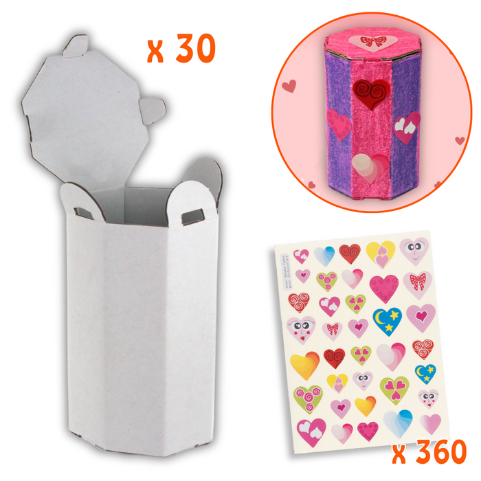 Lot créatif de 30 boîtes octogonales en carton à décorer + 360 gommettes coeurs souriants