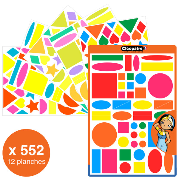 552 gommettes géométriques multi formes – 18 couleurs vives, fluos et pastel - + de 11 formes