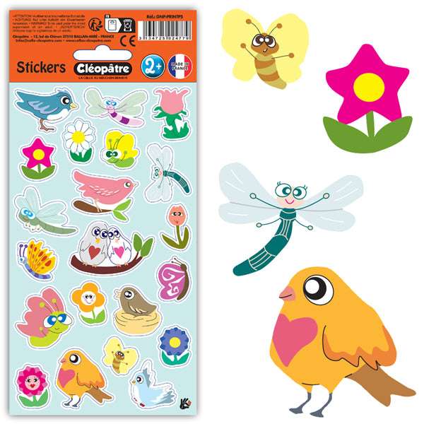 21 gommettes No Pack Printemps (fleurs, oiseaux, papillons, libellules)