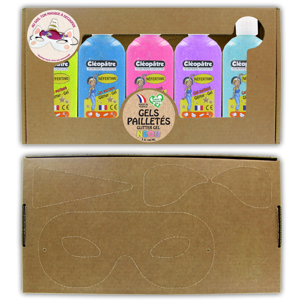 Coffret de 5 flacons de gel pailletés Néon 100ml + 1 masque