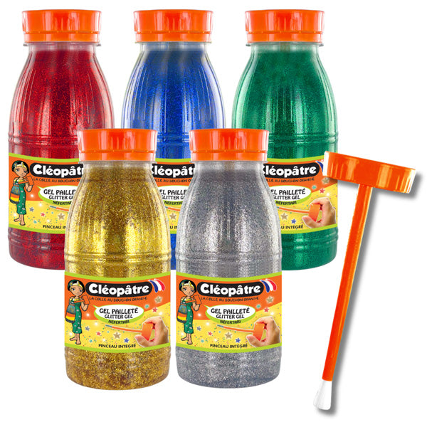 Lot de 5 Gels Pailletés 250ml : Or, Argent, Vert, Rouge et Bleu Primaire