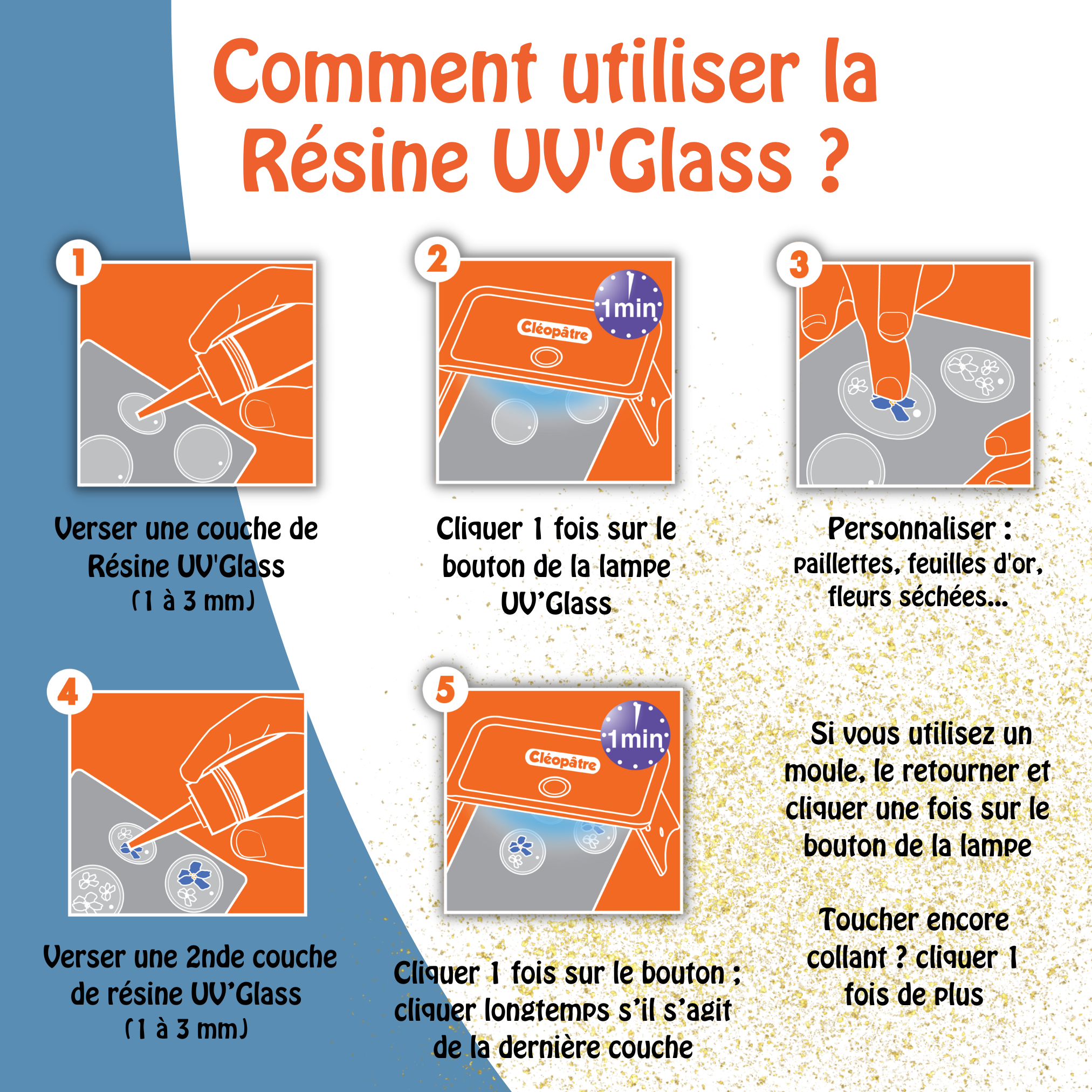 Coffret Créatif Résine UV 25ml + Lampe UV 24W + 9 pots accessoires or/argent + 2 moules