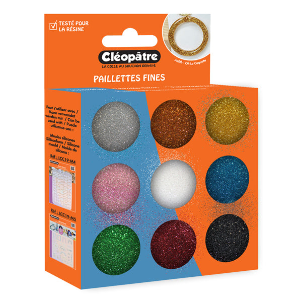 Boite de 9 pots d'accessoires - Paillettes fines et brillantes