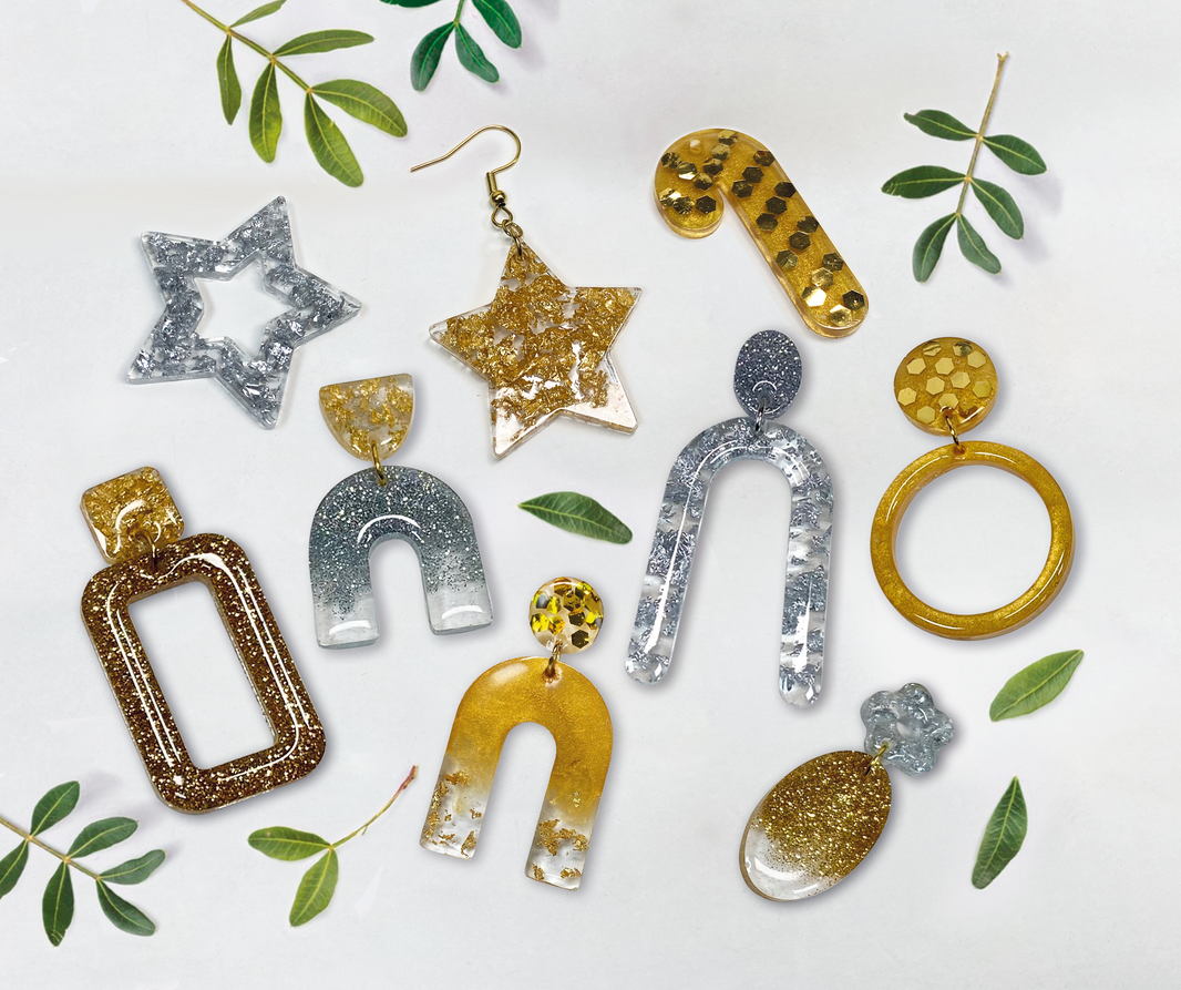 Coffret Créatif Résine UV 25ml + Lampe UV 24W + 9 pots accessoires or/argent + 2 moules