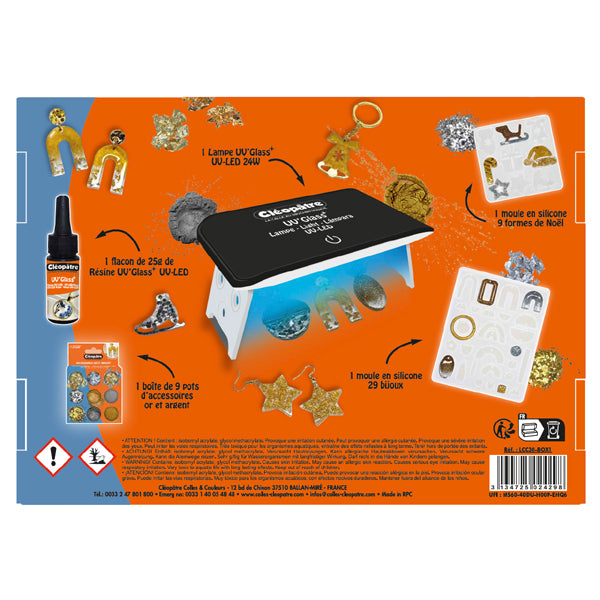 Coffret Créatif Résine UV 25ml + Lampe UV 24W + 9 pots accessoires or/argent + 2 moules