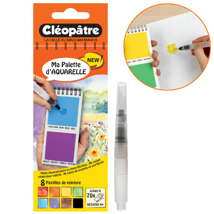 Ma Palette d'Aquarelle en livret : 8 pastilles de peinture + 1 pinceau à réservoir d'eau