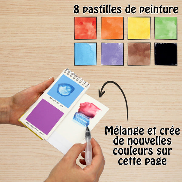 Ma Palette d'Aquarelle en livret : 8 pastilles de peinture + 1 pinceau à réservoir d'eau