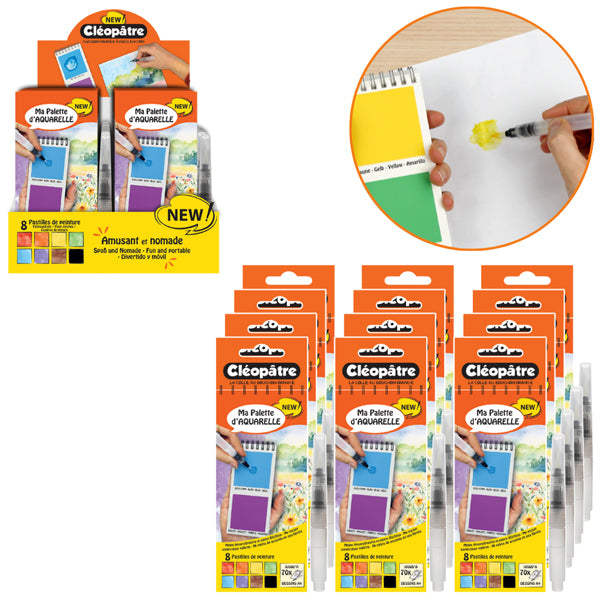 Ma Palette d'Aquarelle en livret : 8 pastilles de peinture + 1 pinceau à réservoir d'eau