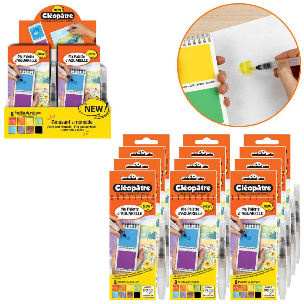 Ma Palette d'Aquarelle en livret : 8 pastilles de peinture + 1 pinceau à réservoir d'eau