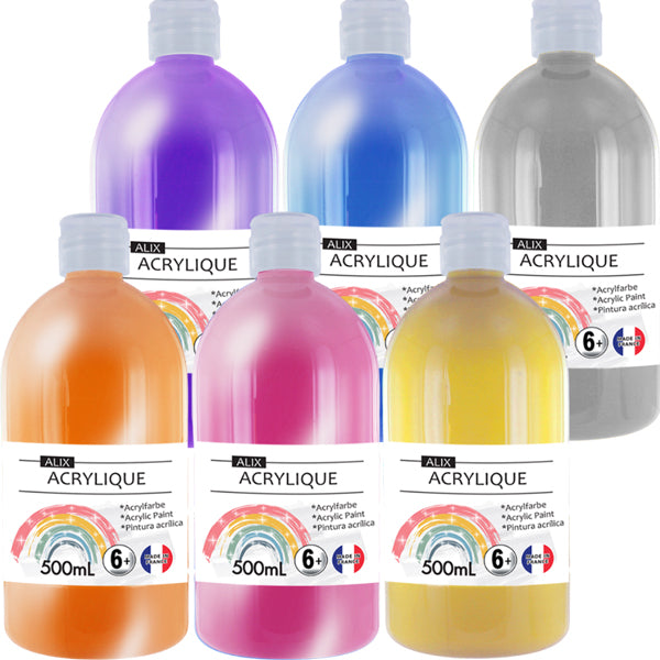 Peinture Acrylique ALIX 6 Couleurs Métallisées et Nacrées en 500ml