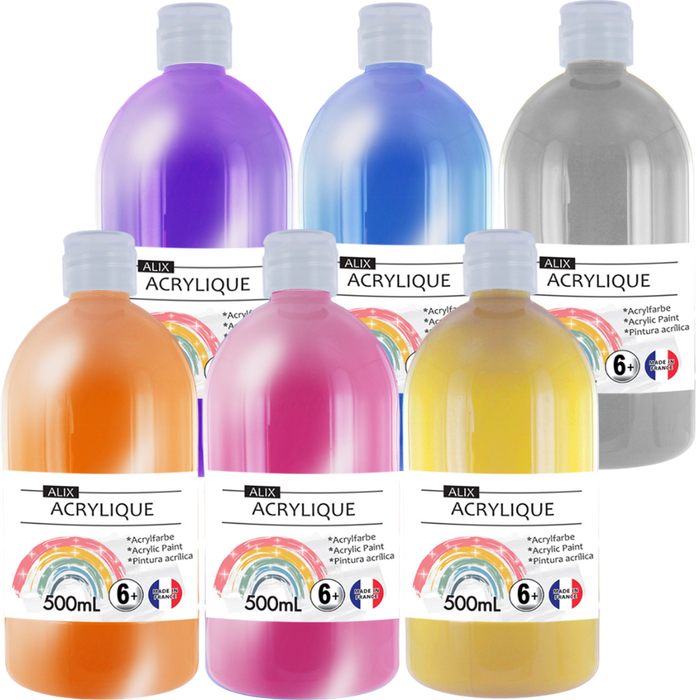 Peinture Acrylique ALIX 6 Couleurs Métallisées et Nacrées en 500ml