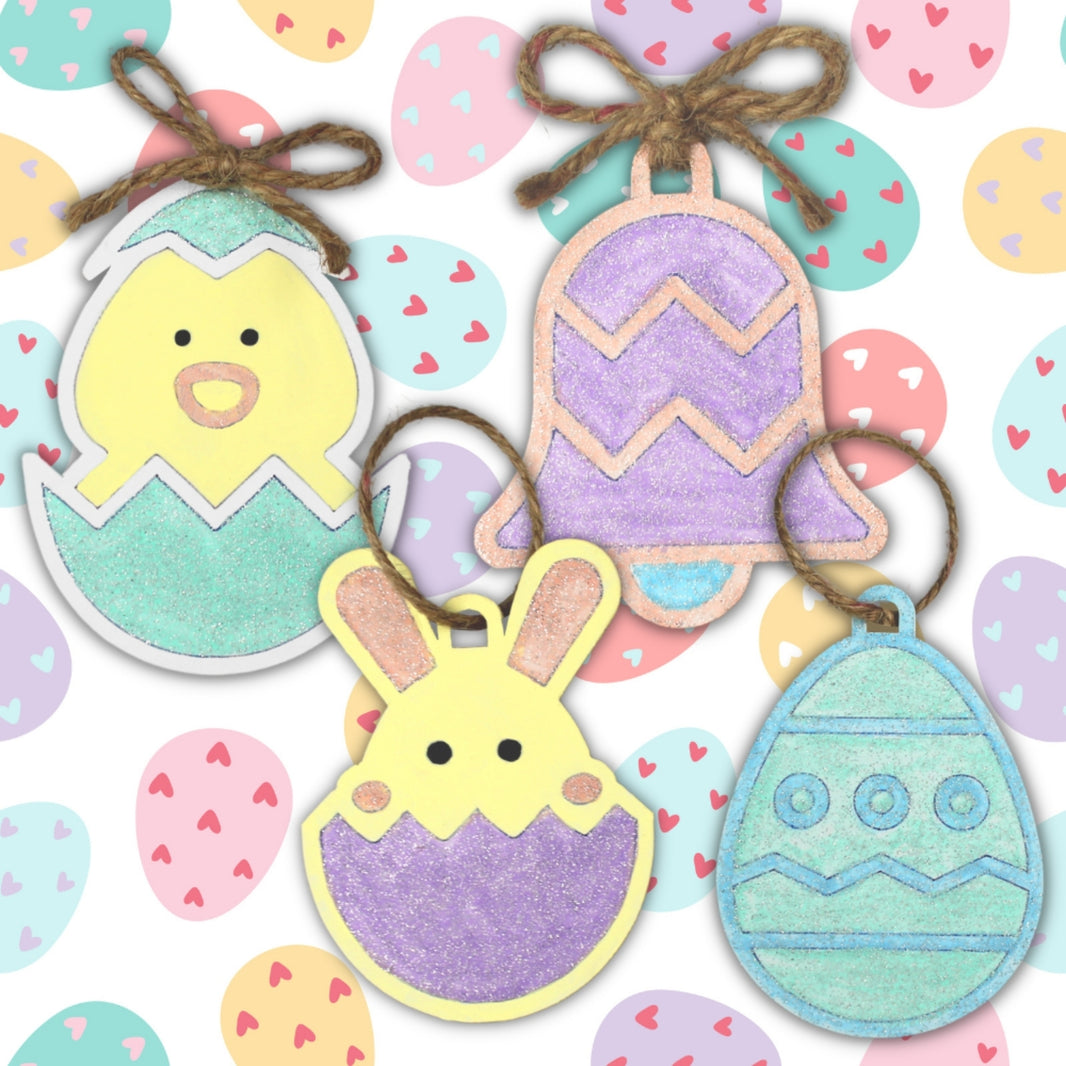 Lot créatif Pâques 36 suspensions en carton à décorer + 4 flacons de peinture pailletée Pastel