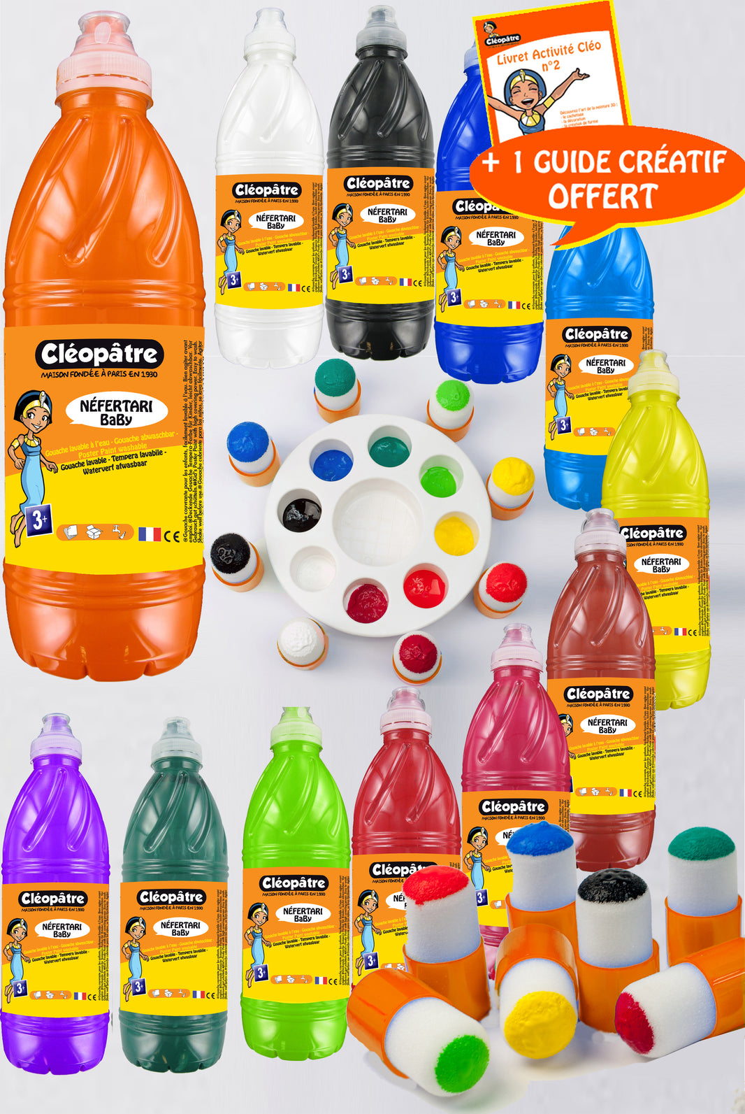 Lot de 12 Gouache Néfertari + palette + 8 pinceaux pochoirs