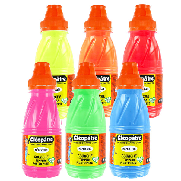 Lot de 6 flacons de Peinture Gouache Néfertari Fluo en 250 ml, Jaune, Orange, Rouge, Rose, Vert et Bleu