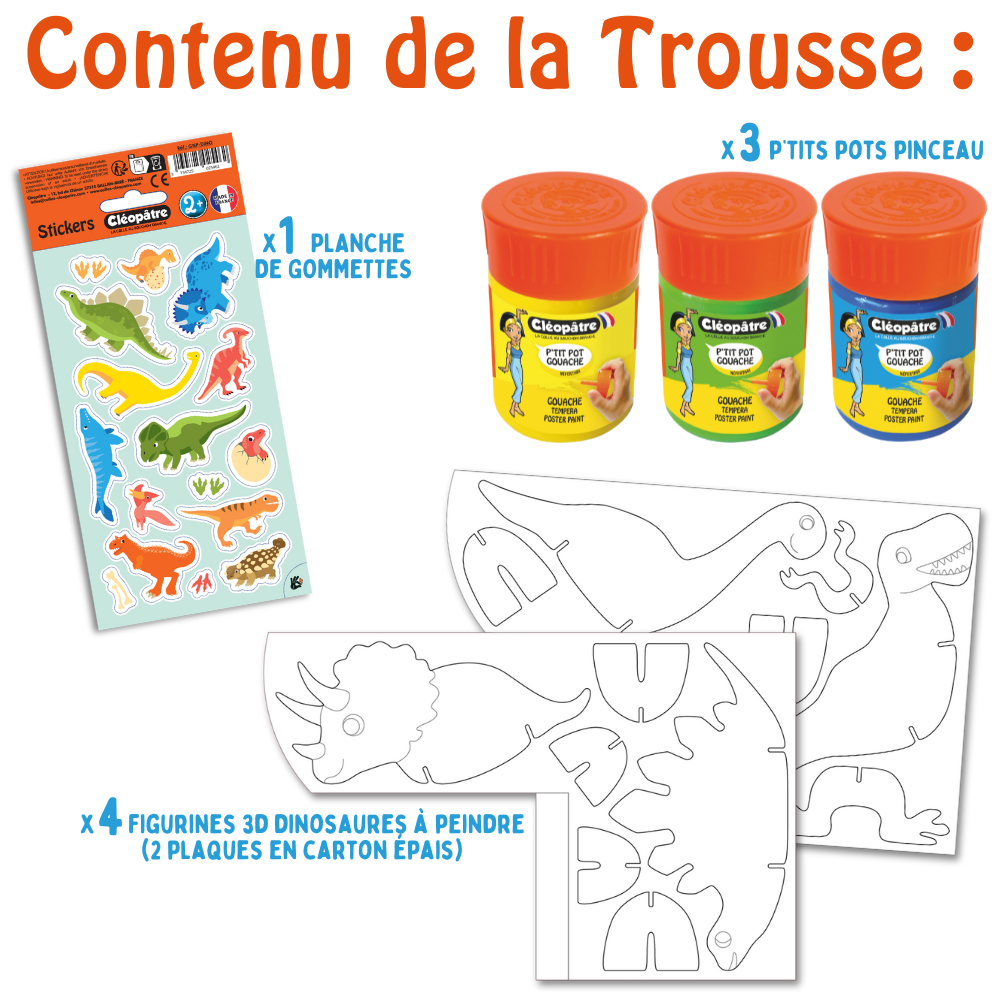 Ma Trousse Créative Dinosaures, 4 figurines 3D en carton Épais à décorer + 3 p'tits pots pinceau + 1 planche de gommettes