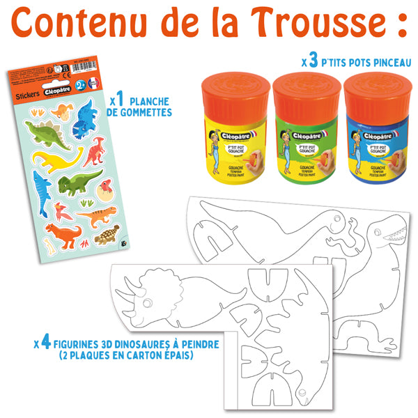 Ma Trousse Créative Dinosaures, 4 figurines 3D en carton Épais à décorer + 3 p'tits pots pinceau + 1 planche de gommettes