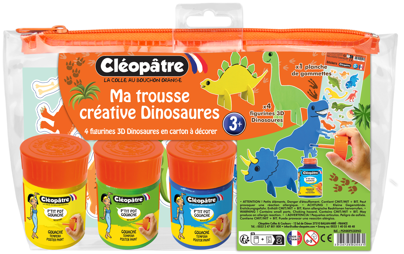Ma Trousse Créative Dinosaures, 4 figurines 3D en carton Épais à décorer + 3 p'tits pots pinceau + 1 planche de gommettes