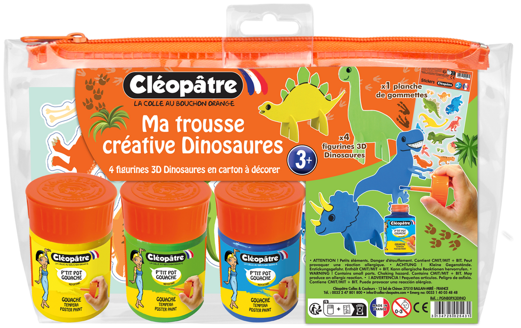 Ma Trousse Créative Dinosaures, 4 figurines 3D en carton Épais à décorer + 3 p'tits pots pinceau + 1 planche de gommettes