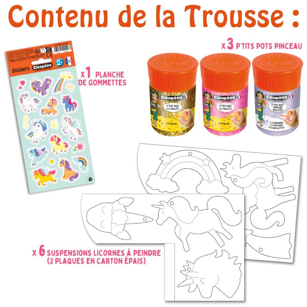 Ma Trousse Créative Licornes, 6 suspensions en carton Épais à décorer + 3 p'tits pots pinceau + 1 planche de gommettes.