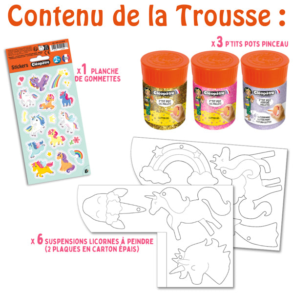 Ma Trousse Créative Licornes, 6 suspensions en carton Épais à décorer + 3 p'tits pots pinceau + 1 planche de gommettes.