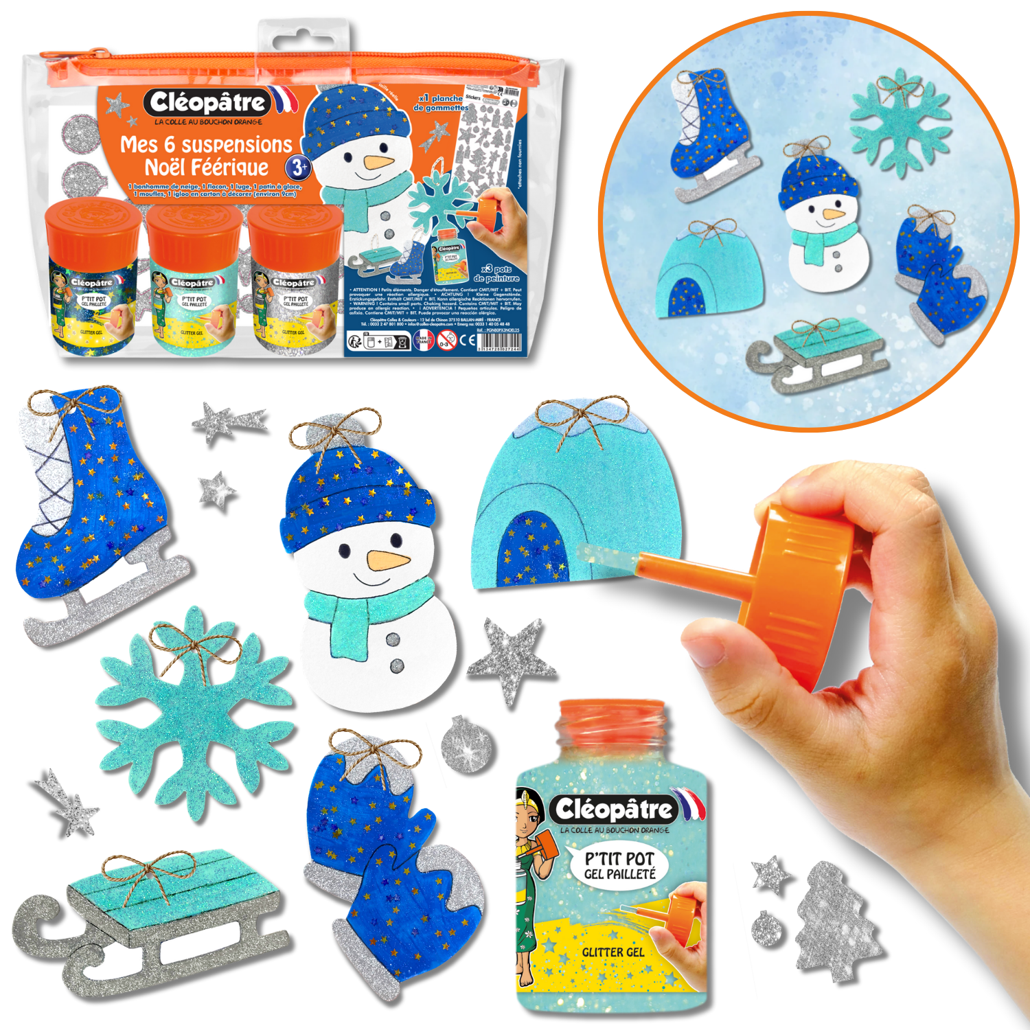 Ma Trousse Créative de Noël Féérique, 6 suspensions de Noël en carton Épais à décorer + 3 p'tits pots pailletés + gommettes