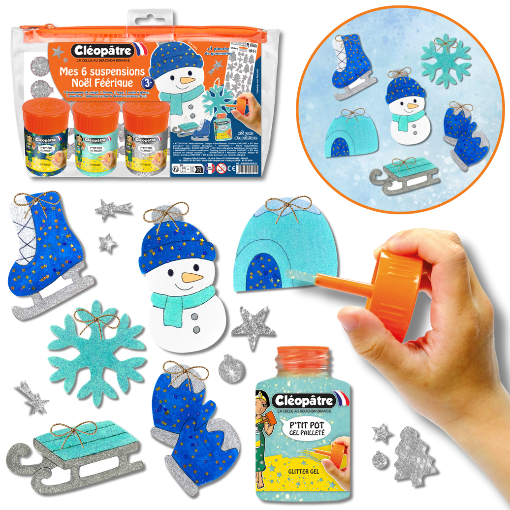 Ma Trousse Créative de Noël Féérique, 6 suspensions de Noël en carton Épais à décorer + 3 p'tits pots pailletés + gommettes