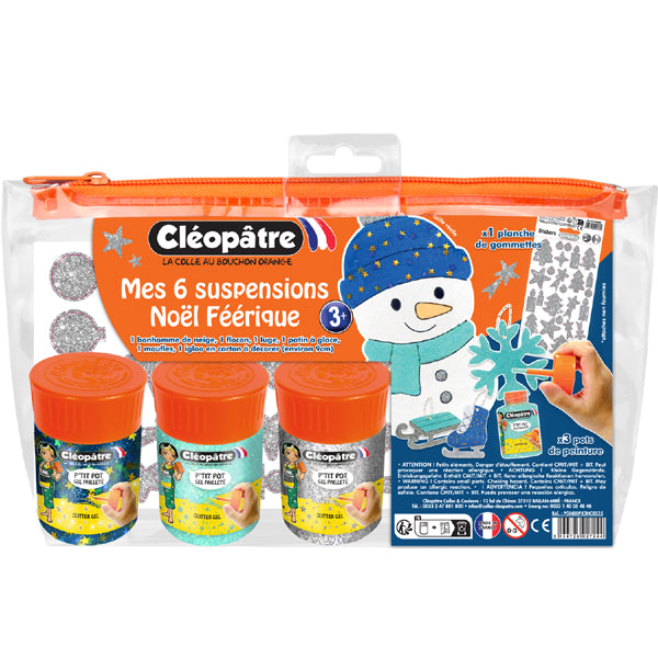 Ma Trousse Créative de Noël Féérique, 6 suspensions de Noël en carton Épais à décorer + 3 p'tits pots pailletés + gommettes