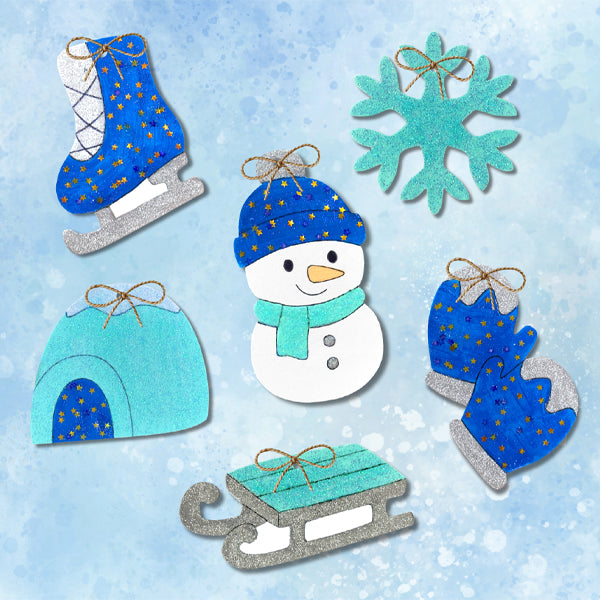 Ma Trousse Créative de Noël Féérique, 6 suspensions de Noël en carton Épais à décorer + 3 p'tits pots pailletés + gommettes