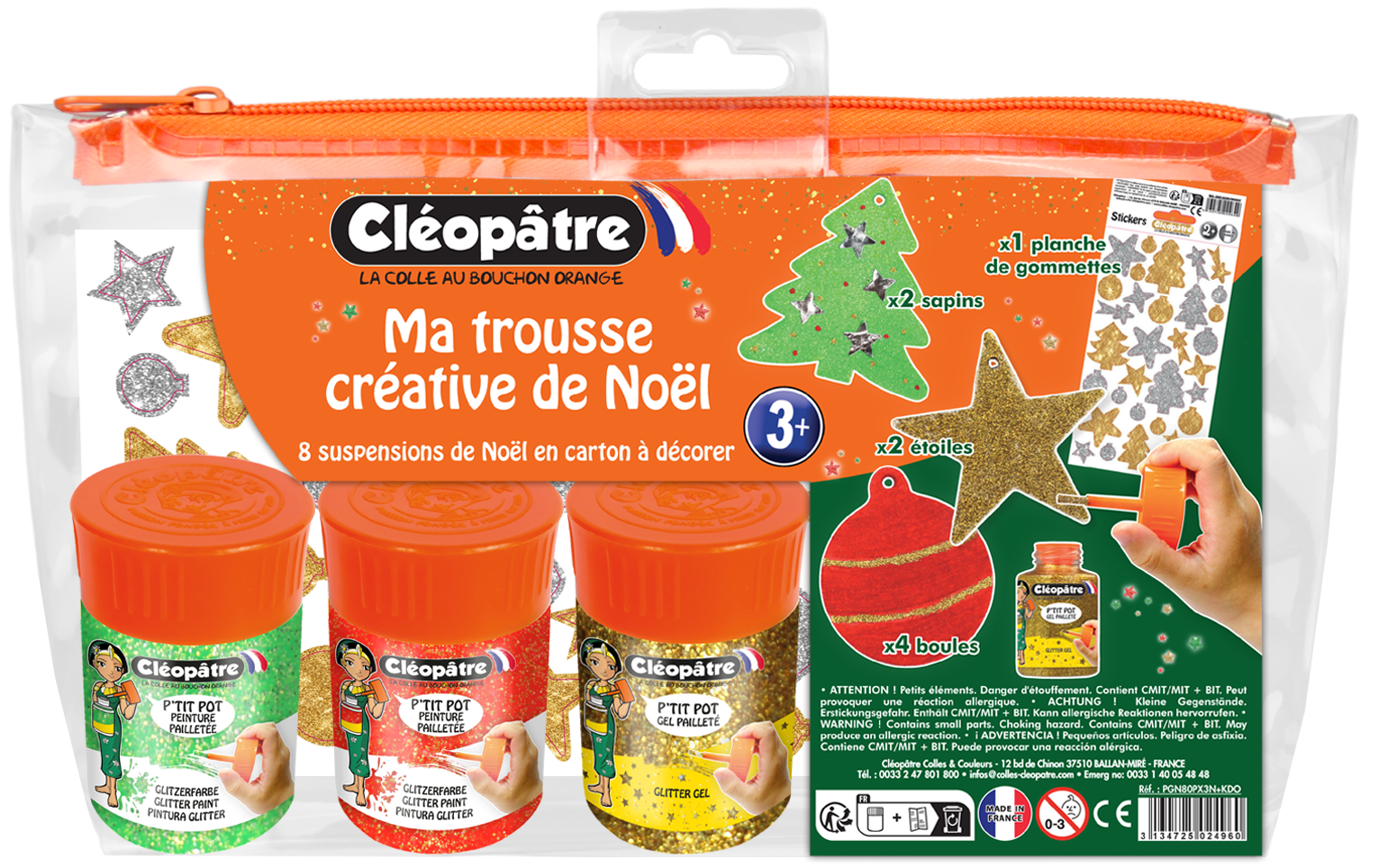 Ma Trousse Créative de Noël, 8 suspensions de Noël en carton Épais à décorer + 3 p'tits pots pailletés + 1 planche de gommettes