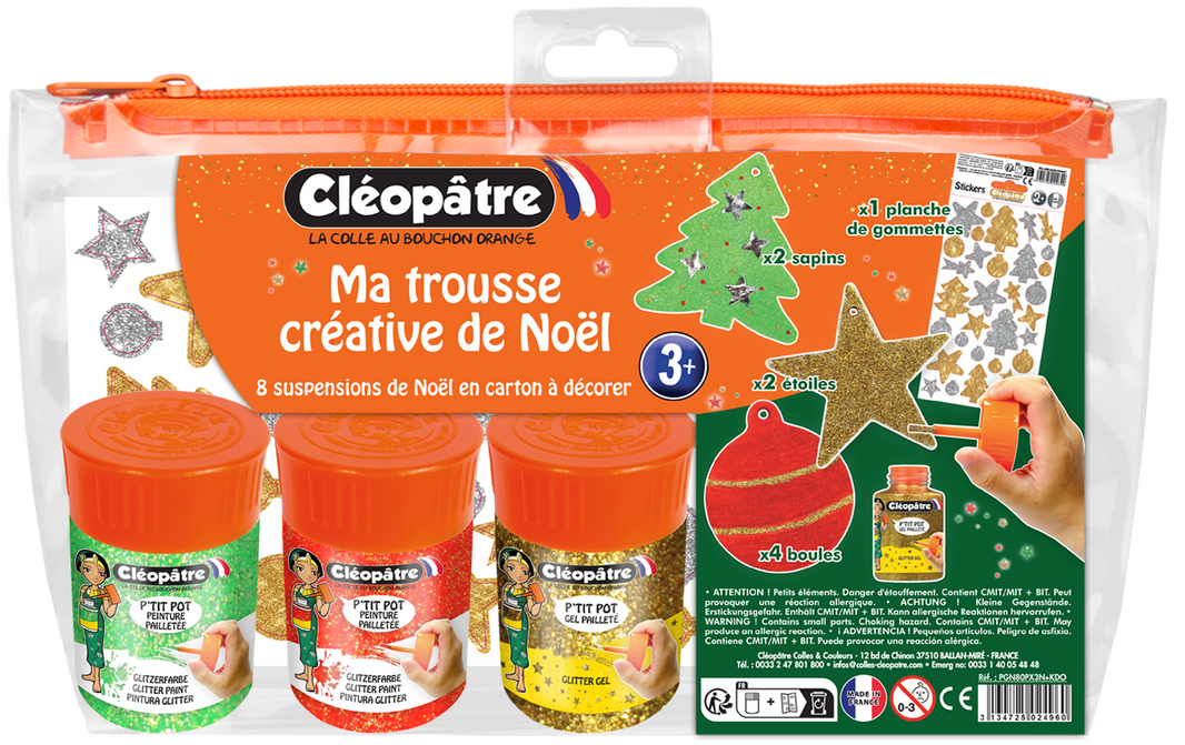 Ma Trousse Créative de Noël, 8 suspensions de Noël en carton Épais à décorer + 3 p'tits pots pailletés + 1 planche de gommettes