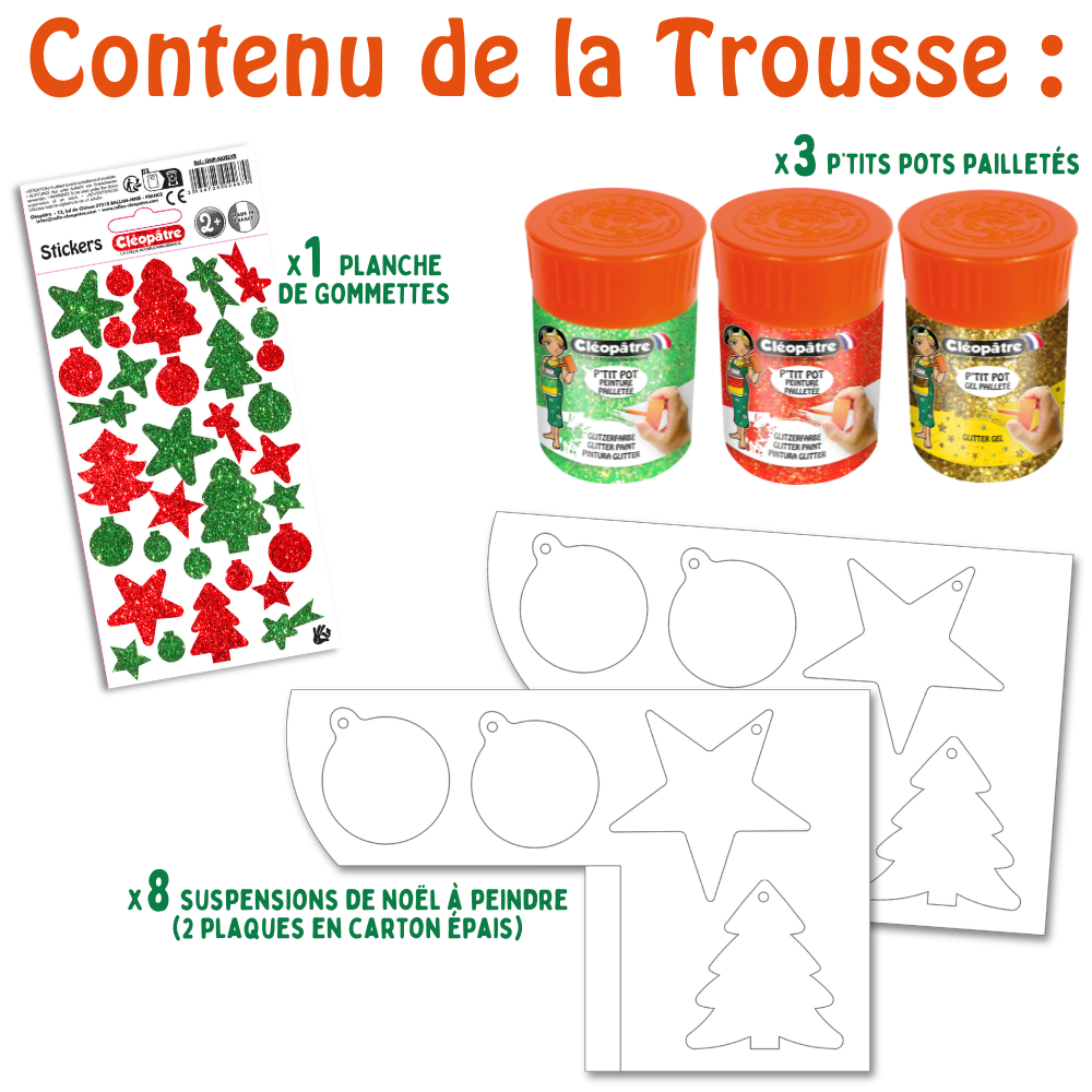 Ma Trousse Créative de Noël, 8 suspensions de Noël en carton Épais à décorer + 3 p'tits pots pailletés + 1 planche de gommettes