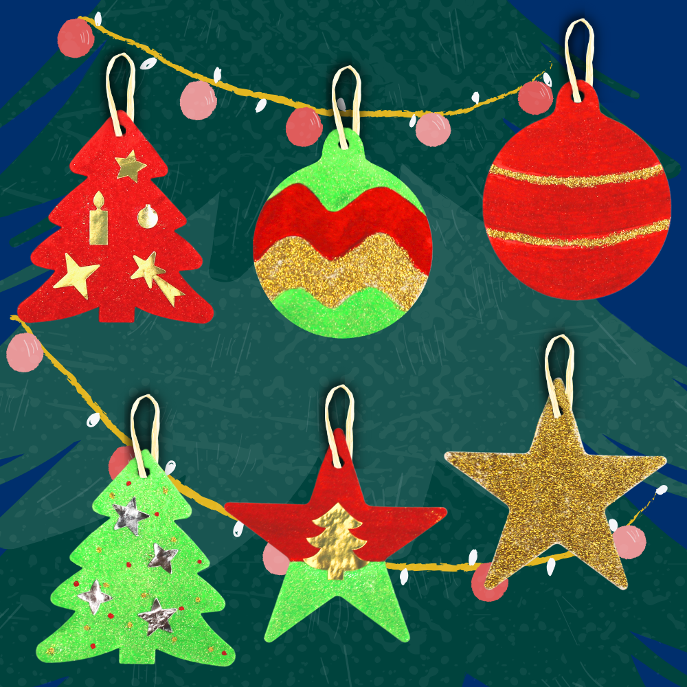 Ma Trousse Créative de Noël, 8 suspensions de Noël en carton Épais à décorer + 3 p'tits pots pailletés + 1 planche de gommettes