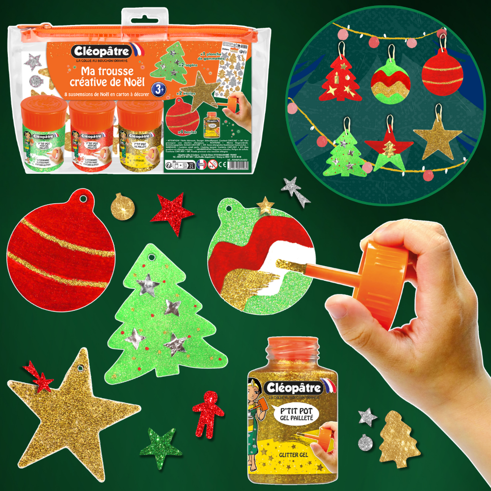 Ma Trousse Créative de Noël, 8 suspensions de Noël en carton Épais à décorer + 3 p'tits pots pailletés + 1 planche de gommettes