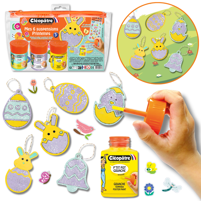 Ma Trousse Créative Printemps, 6 suspensions de Printemps en carton Épais à décorer + 3 p'tits pots + 1 planche de gommettes