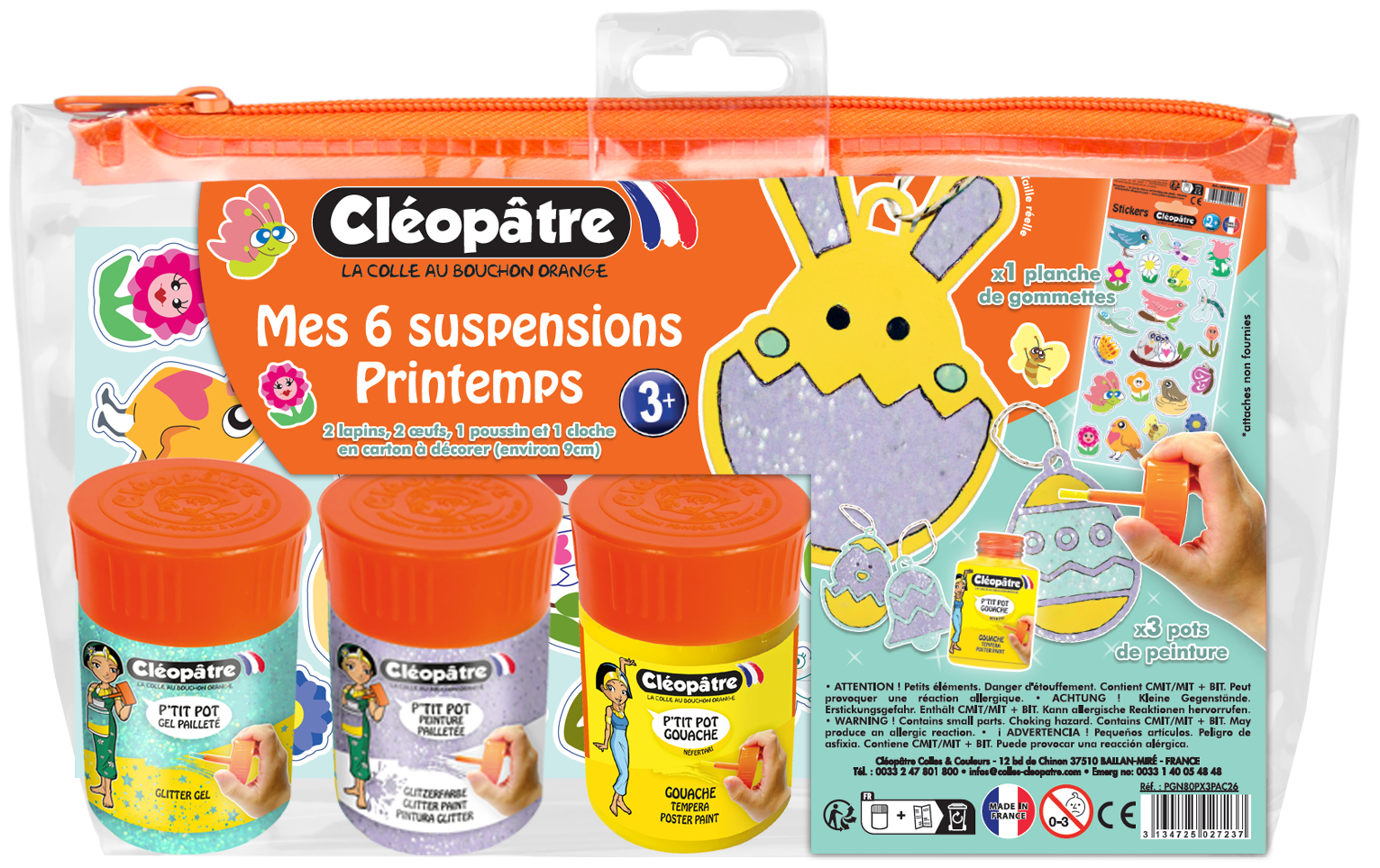 Ma Trousse Créative Printemps, 6 suspensions de Printemps en carton Épais à décorer + 3 p'tits pots + 1 planche de gommettes