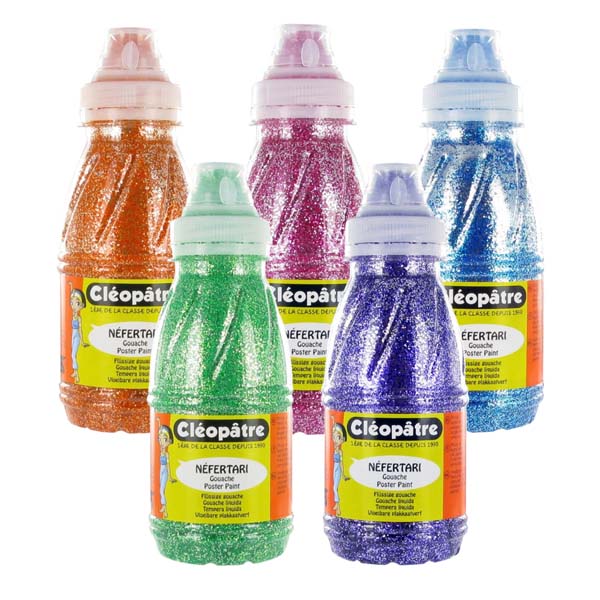 Lot de 5 flacons de Peinture Pailletée 250ml : Orange, Vert, Rouge Primaire (Magenta), Bleu Primaire (Cyan), Violet