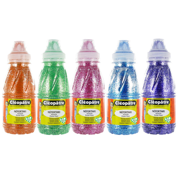 Lot de 5 flacons de Peinture Pailletée 250ml : Orange, Vert, Rouge Primaire (Magenta), Bleu Primaire (Cyan), Violet
