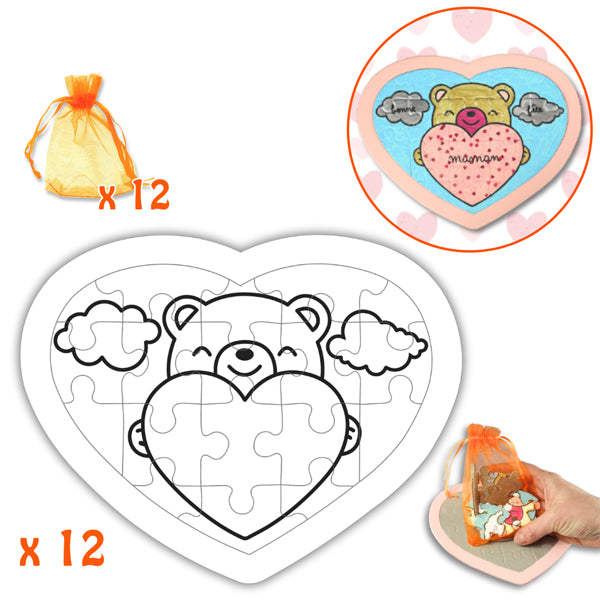 1 puzzle coeur en carton à décorer + 1 pochon pour offrir