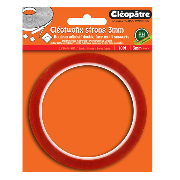 Cléotwofix rouleau adhésif double face extra fort (3mm * 10 mètres)