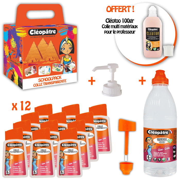 Schoolpack Colle Adhésive : 12 flacons pinceau 80g + recharge 500g + pompe + Cléotoo 100g offerte