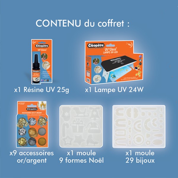 Coffret Créatif Résine UV 25ml + Lampe UV 24W + 9 pots accessoires or/argent + 2 moules