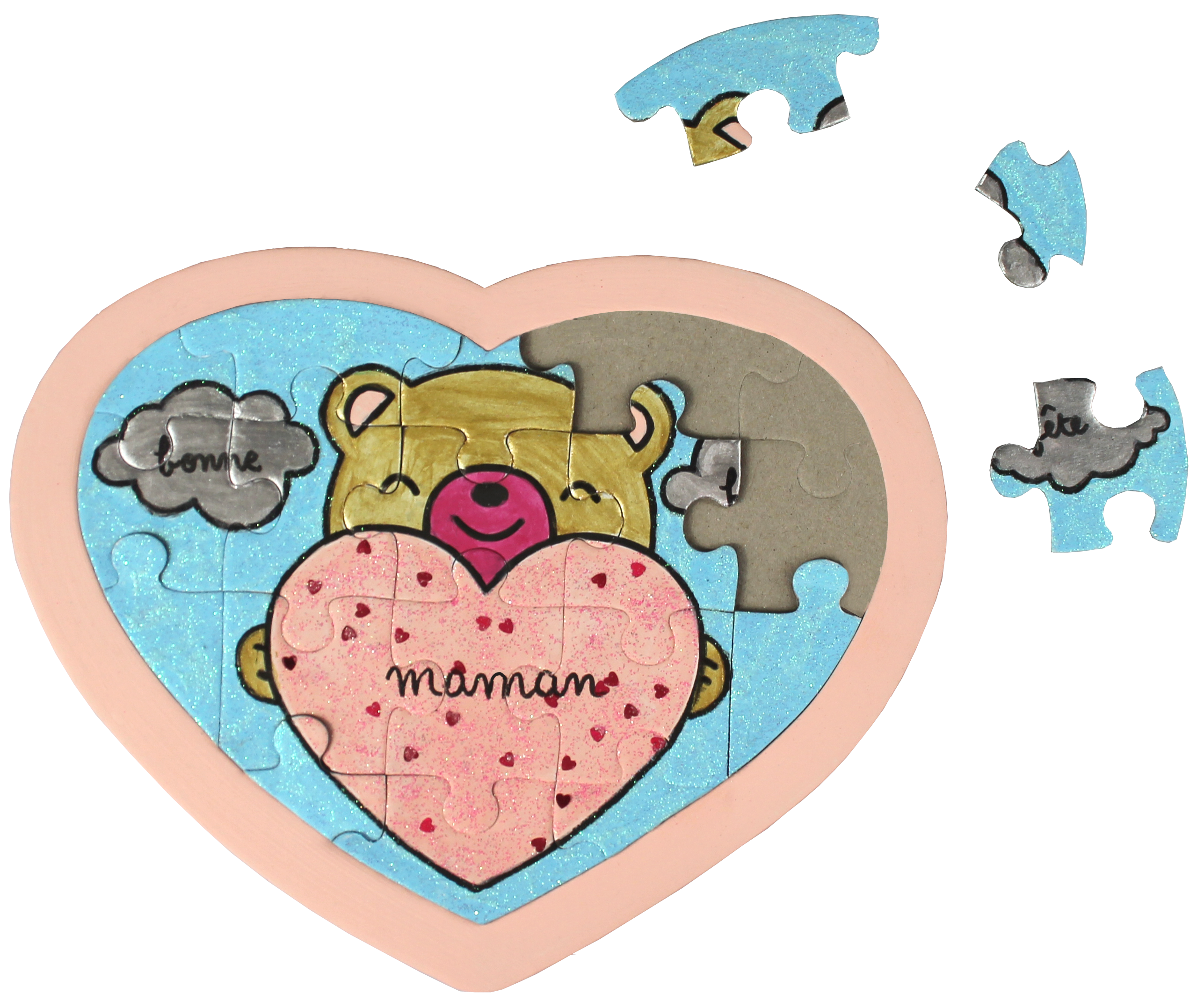 Lot créatif de 12 puzzles coeur en carton + 12 pochons + 1 flacon de gel pailleté coeur